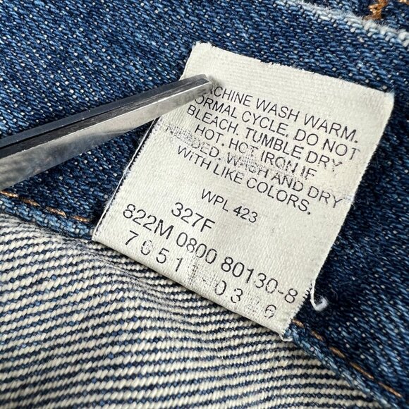 Y2K Levi's Jean Jacket Medium Blue Faded Trucker DIY Blue Tribal Sleeve Denim - Picture 6 of 16